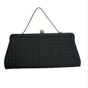 Vintage Satiny Black Tapestry Faux Pearl Gold Tone Snake Strap Clutch Bag Purse